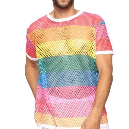 2023 Gay Men Fashion | Rainbow Mesh T-Shirt: Fishnet Men's Shirt- pridevoyageshop.com - gay men’s harness, lingerie and fetish wear