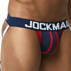 hot man in navy Jockmail Men's Racing Stripe Jockstrap & Jock Strap for Men- pridevoyageshop.com - gay men’s underwear and swimwear