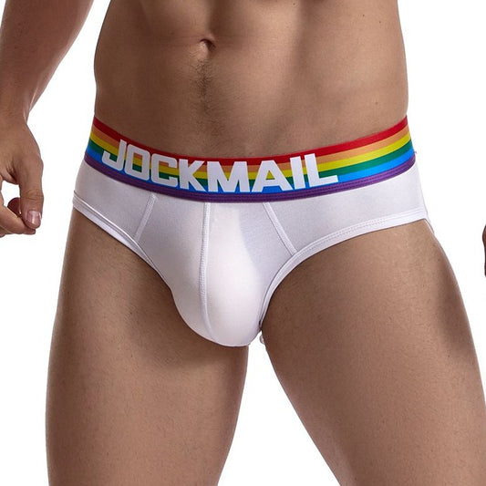 a man in Jockmail white Pride Gay Men's Brief Underwear - pridevoyageshop.com - gay men’s underwear and swimwear