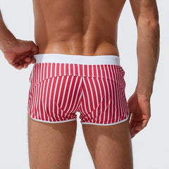 sexy gay man in red Gay Swimwear | Men' s Striped Swim Trunks With Zipper Pocket - pridevoyageshop.com - gay men’s underwear and swimwear
