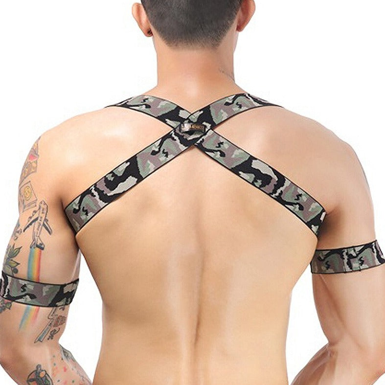 sexy gay man in green sexy gay man in gray Men's Camo Elastic Harness | Gay Harness- pridevoyageshop.com - gay men’s harness, lingerie and fetish wear