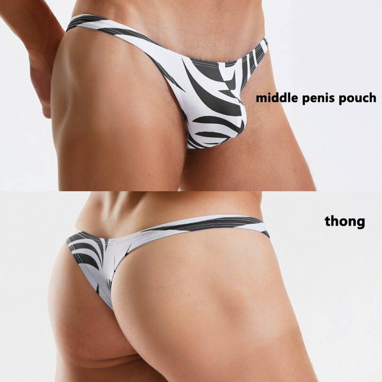 sexy gay man in Gay Swimwear | Men's Zebra Print Pouch Swim Thongs - pridevoyageshop.com - gay men’s underwear and swimwear