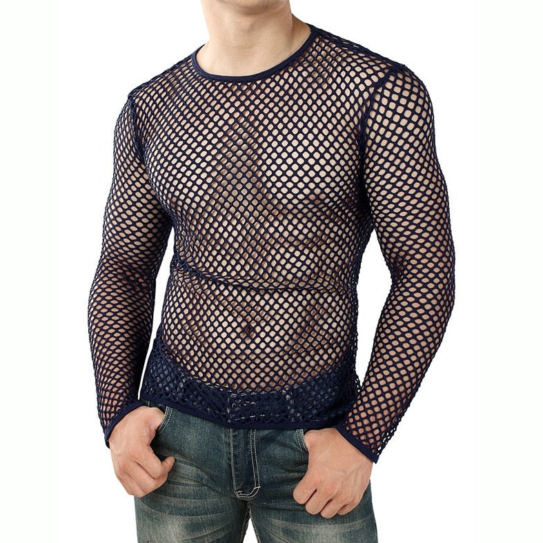 navy blue Gay Men's Summer Fashion | Men's Fishnet T-Shirt: Mesh Men's Shirt- pridevoyageshop.com - gay men’s harness, lingerie and fetish wear