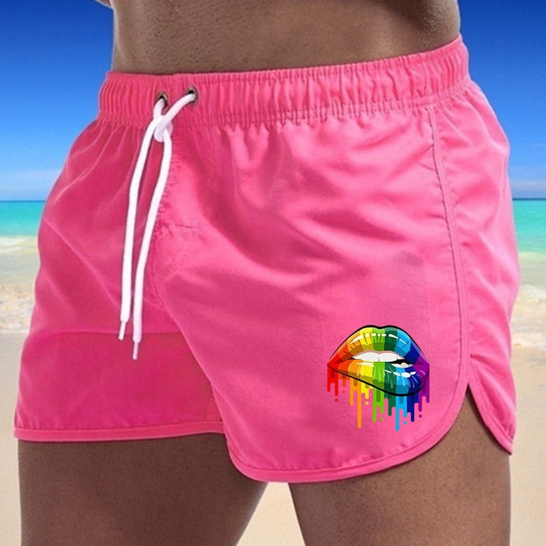 pink Gay Swimwear & Beachwear | Rainbow Lips Print Board Shorts - pridevoyageshop.com - gay men’s underwear and swimwear