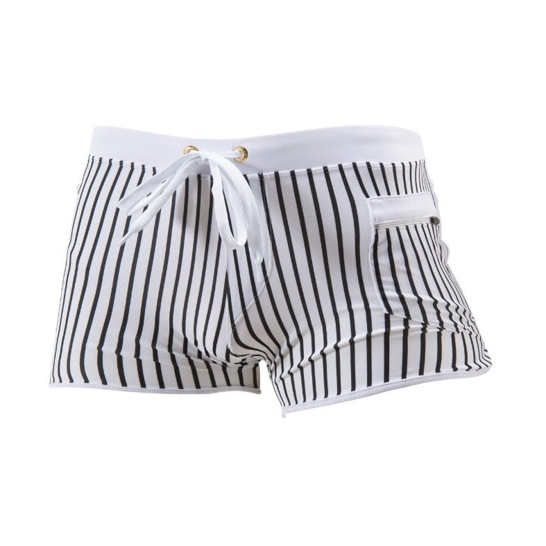 black Gay Swimwear | Men' s Striped Swim Trunks With Zipper Pocket - pridevoyageshop.com - gay men’s underwear and swimwear