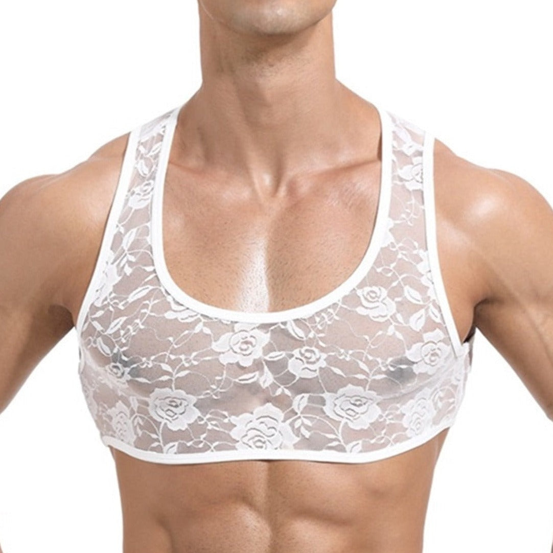 a hot gay guy in white Men's Erotic Floral Lace Crop Tops | Gay Crop Tops & lingerie - pridevoyageshop.com - gay crop tops, gay casual clothes and gay clothes store