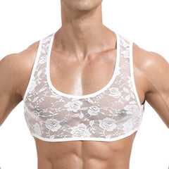 a hot gay guy in white Men's Erotic Floral Lace Crop Tops | Gay Crop Tops & lingerie - pridevoyageshop.com - gay crop tops, gay casual clothes and gay clothes store