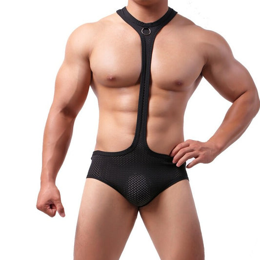 sexy gay man in Gay Bodysuit and Singlet | Men's Black Breathable Mesh Bodysuit - Men's Singlets, Bodysuits, Leotard & Unitard - pridevoyageshop.com