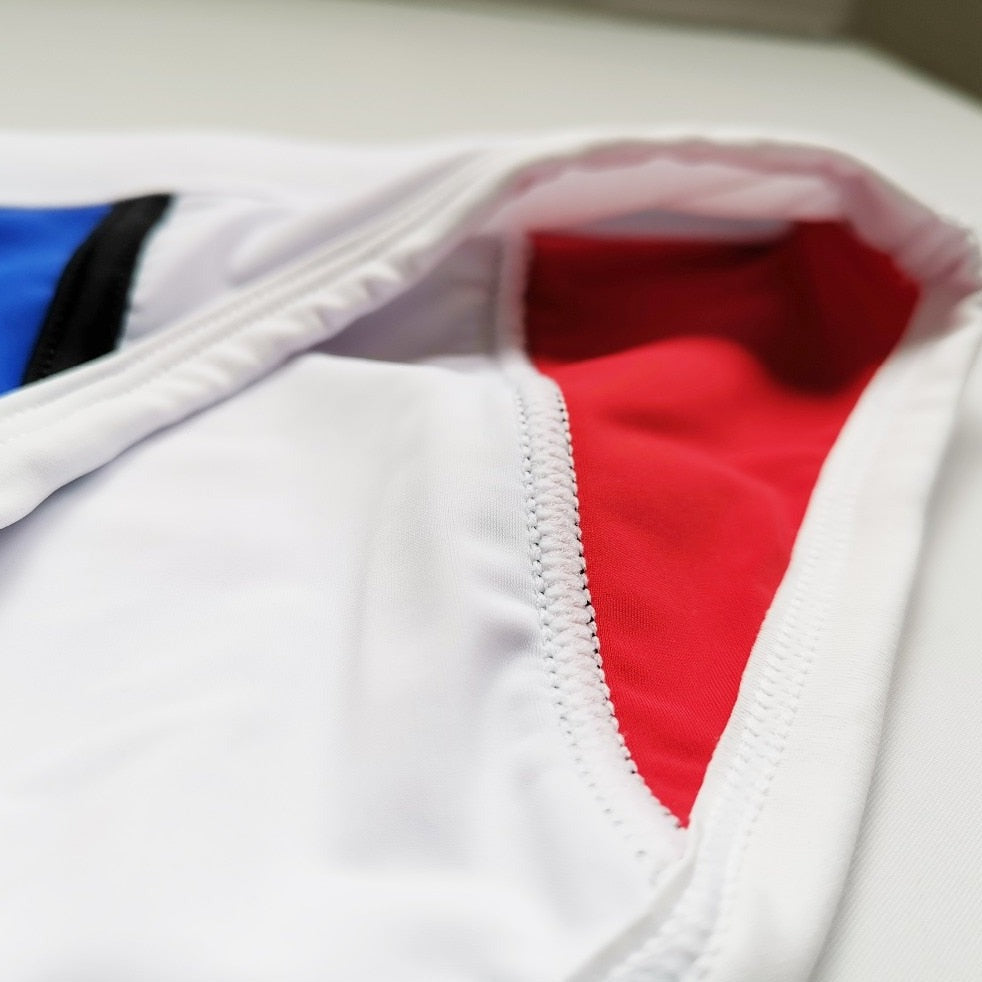 details of white Gay Swimwear | Piet Mondrian Art Deco Swim Briefs- pridevoyageshop.com - gay men’s underwear and swimwear