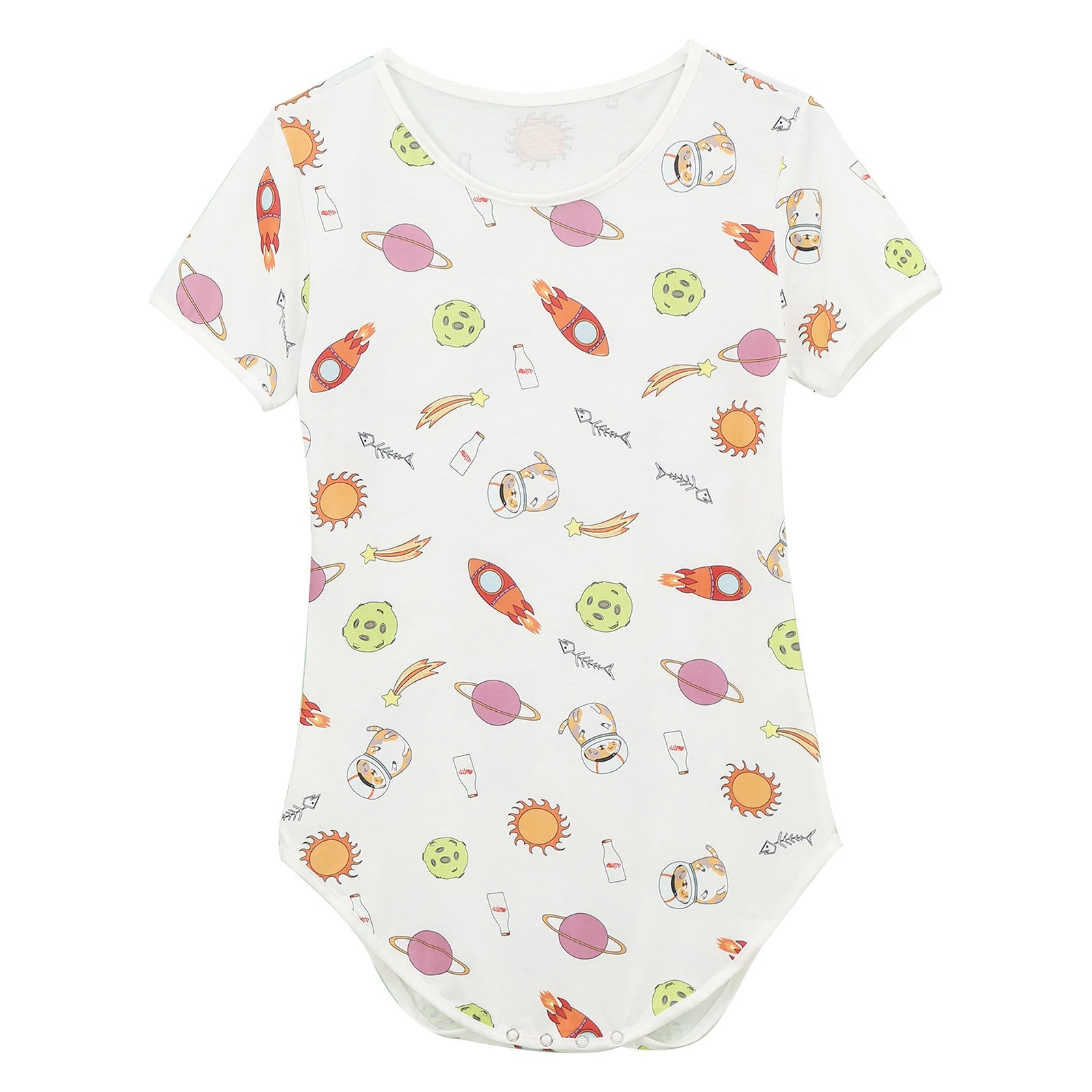 Intergalactic Yum Daddy’s Boy Printed Onesie flat lay, cosmic cartoon print, stretchy cute fabric, playful twink style – pridevoyageshop.com – gay men’s harness, lingerie and fetish wear