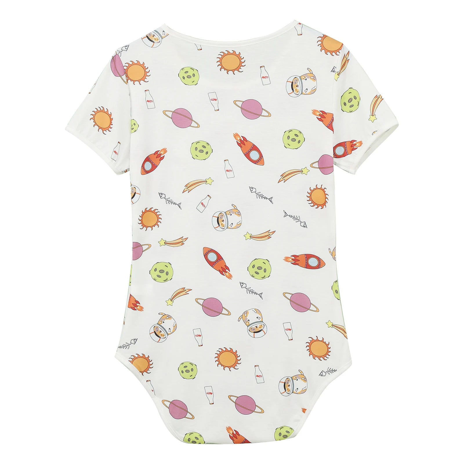 Intergalactic Yum Daddy’s Boy Printed Onesie flat lay, cosmic cartoon print, stretchy cute fabric, playful twink style – pridevoyageshop.com – gay men’s harness, lingerie and fetish wear