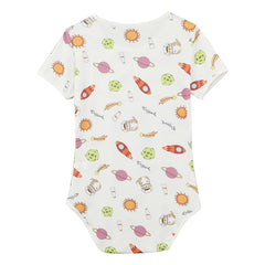 Intergalactic Yum Daddy’s Boy Printed Onesie flat lay, cosmic cartoon print, stretchy cute fabric, playful twink style – pridevoyageshop.com – gay men’s harness, lingerie and fetish wear