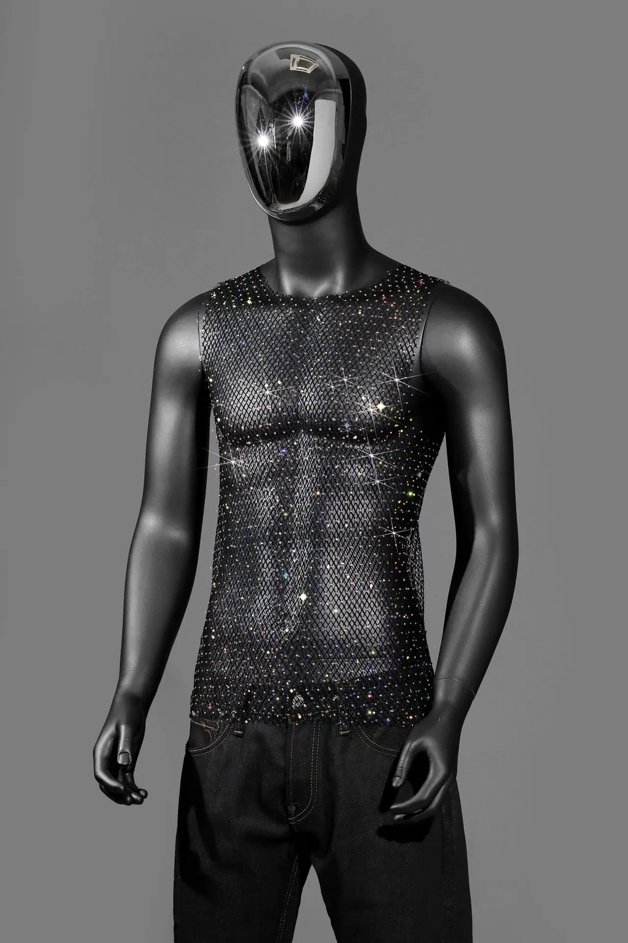 Mannequin wearing Black Coloful Boy's Crowned Rhinestone Mesh Tank - pridevoyageshop.com - gay men's fashion, clubwear, party outfit
