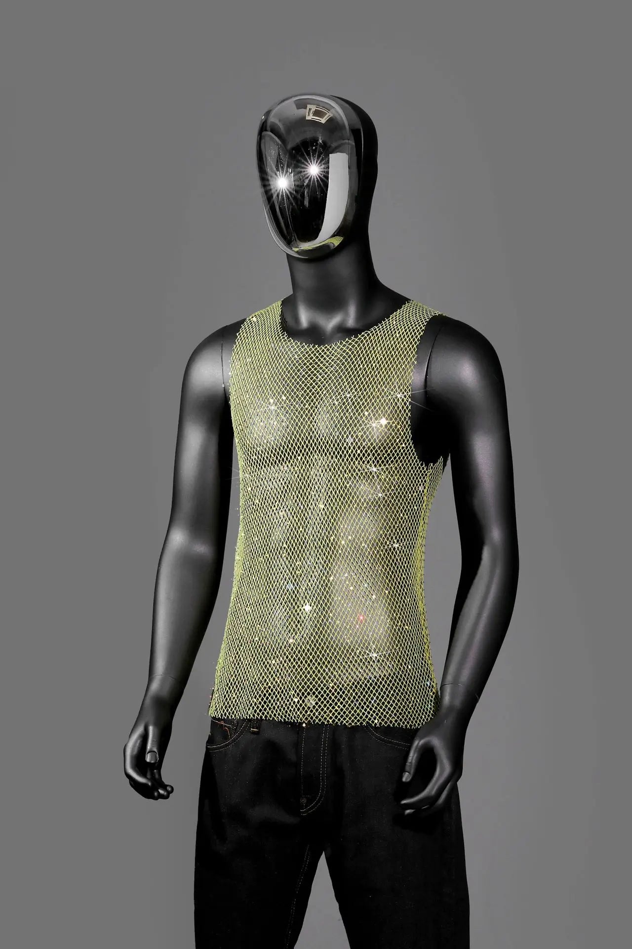 Mannequin wearing Golden Boy's Crowned Rhinestone Mesh Tank - pridevoyageshop.com - gay men's fashion, clubwear, party outfit