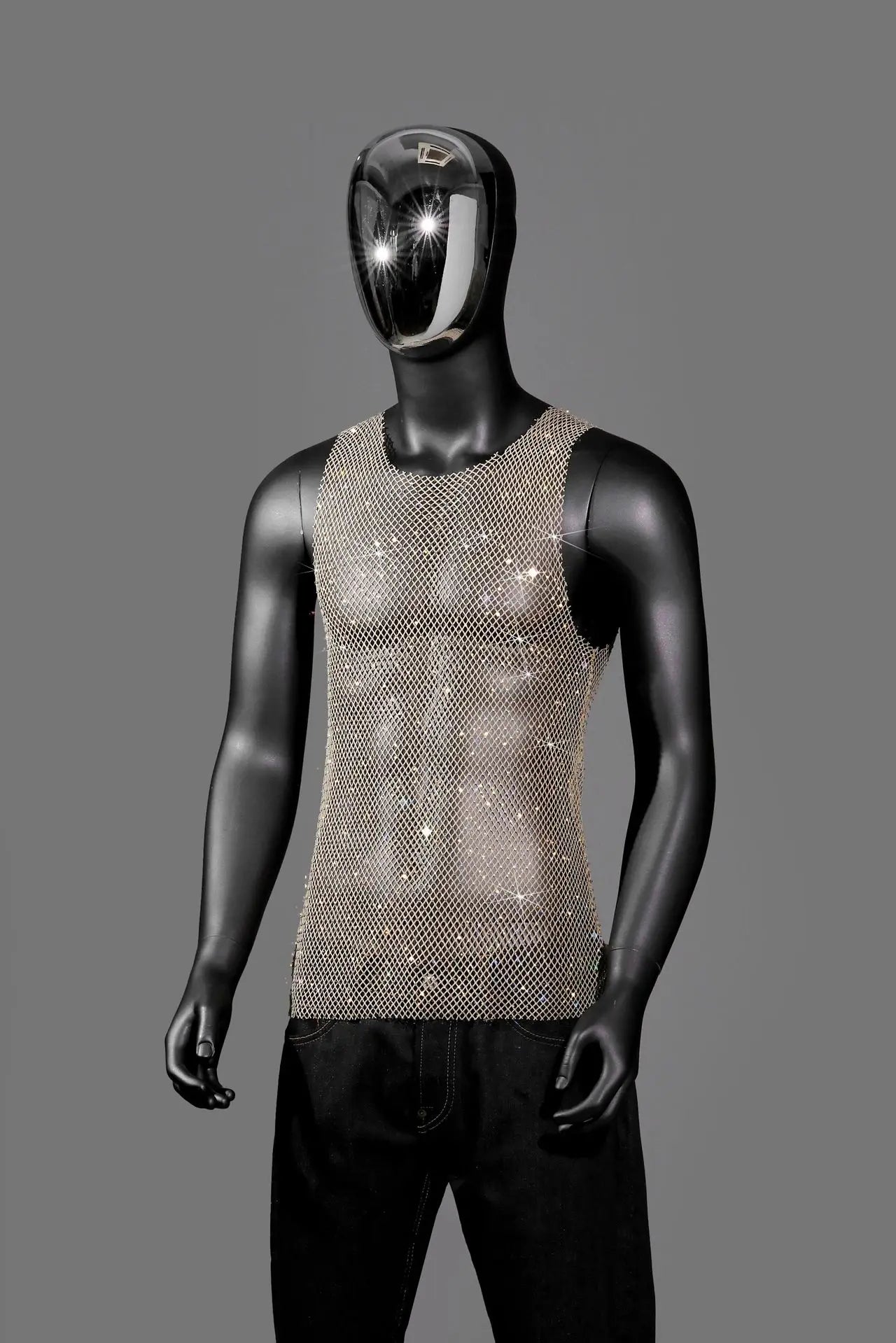 Mannequin wearing Khaki Boy's Crowned Rhinestone Mesh Tank - pridevoyageshop.com - gay men's fashion, clubwear, party outfit