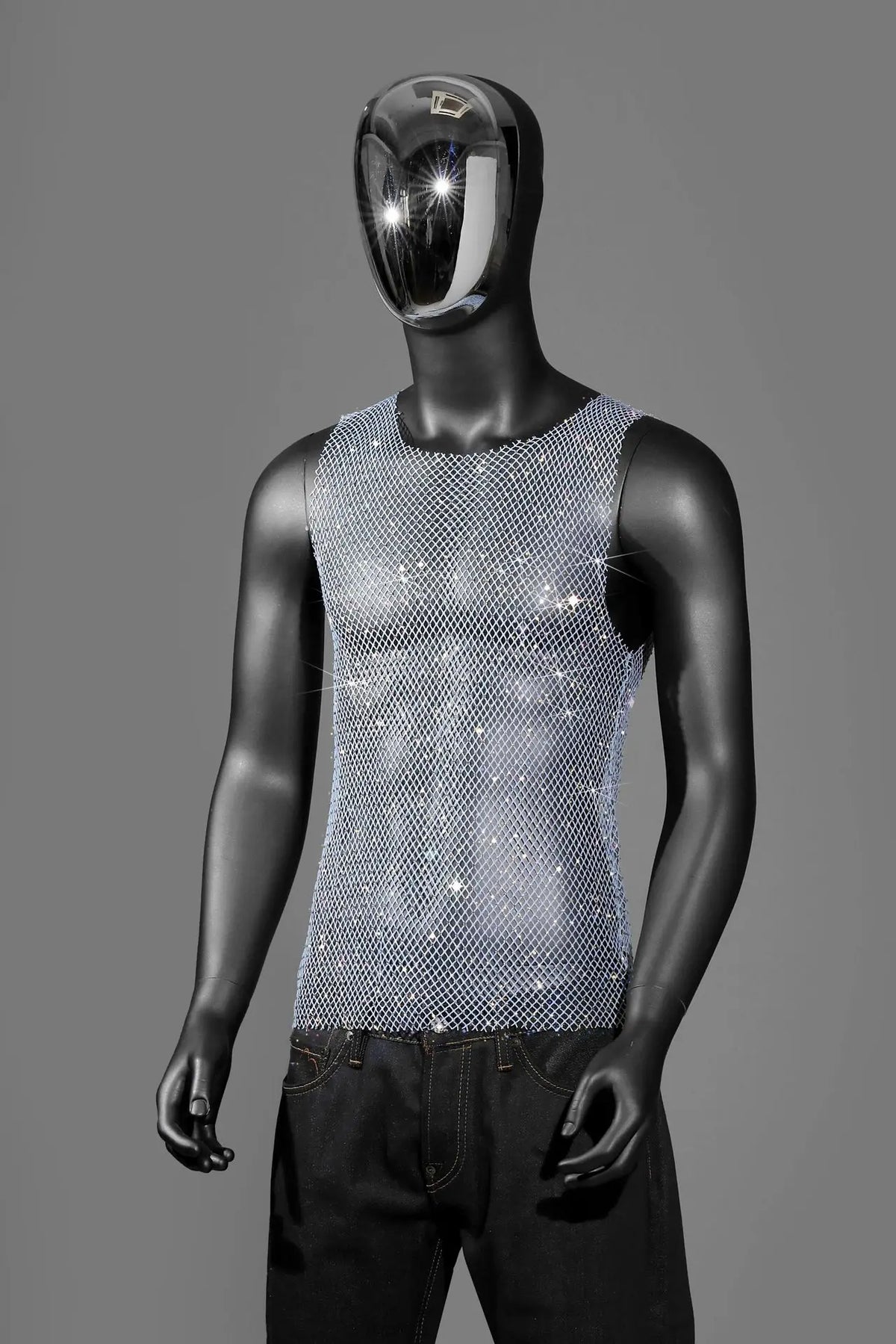 Mannequin wearing Sky Blue Boy's Crowned Rhinestone Mesh Tank - pridevoyageshop.com - gay men's fashion, clubwear, party outfit
