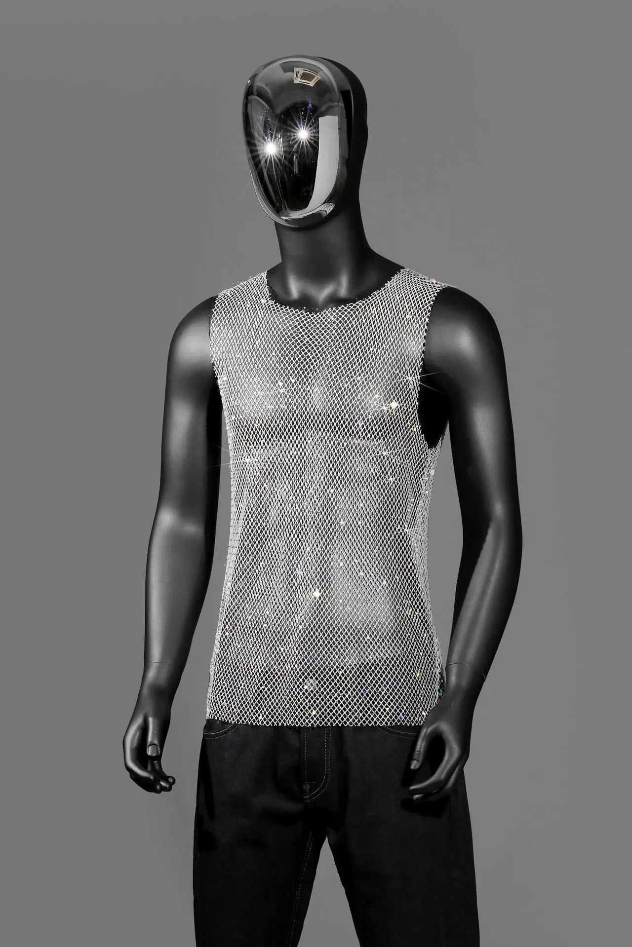 Mannequin wearing White Boy's Crowned Rhinestone Mesh Tank - pridevoyageshop.com - gay men's fashion, clubwear, party outfit