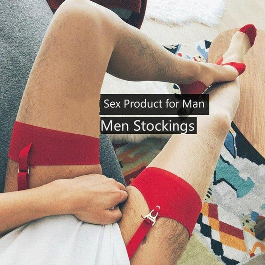 sexy gay man in Beige- Red Top Men's Thigh High Transparent Stockings | Gay Lingerie - pridevoyageshop.com - gay men’s bodystocking, lingerie, fishnet and fetish wear