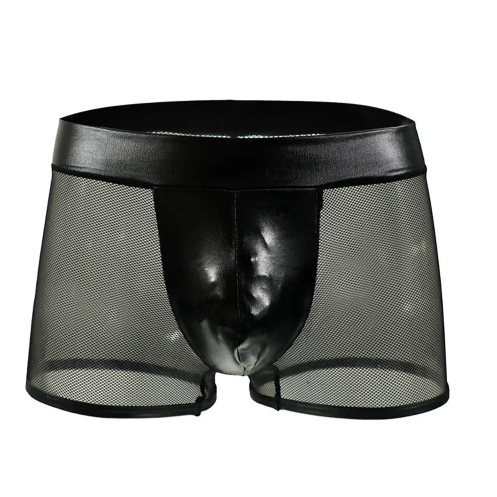 Men’s Fetish Mesh & PU Leather Mini Boxer - pridevoyageshop.com - gay men’s thongs, boxers, briefs and jockstraps