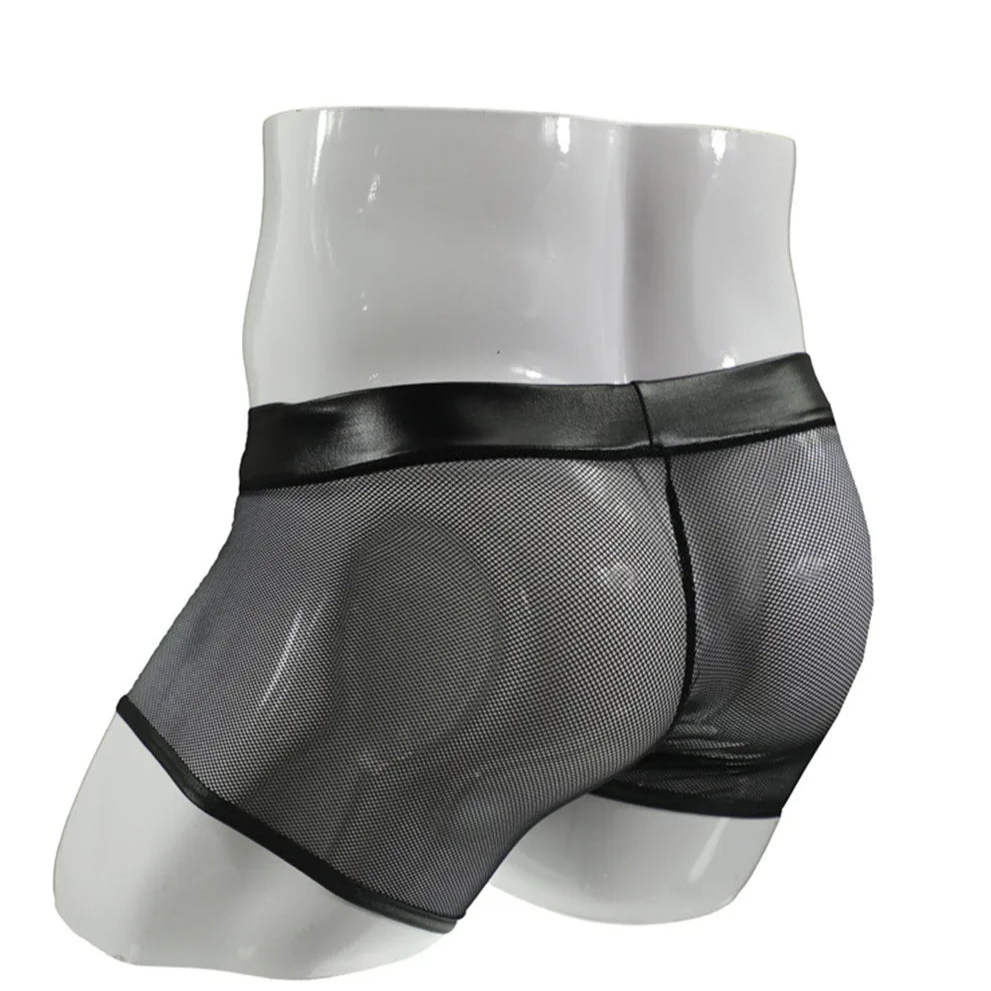  Men’s Fetish Mesh & PU Leather Mini Boxer - pridevoyageshop.com - gay men’s thongs, boxers, briefs and jockstraps