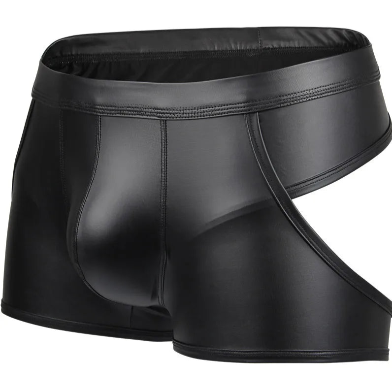 Men’s Open-Side & Open-Back PU Leather Cutout Boxer - pridevoyageshop.com - gay men’s thongs, boxers, briefs and jockstraps