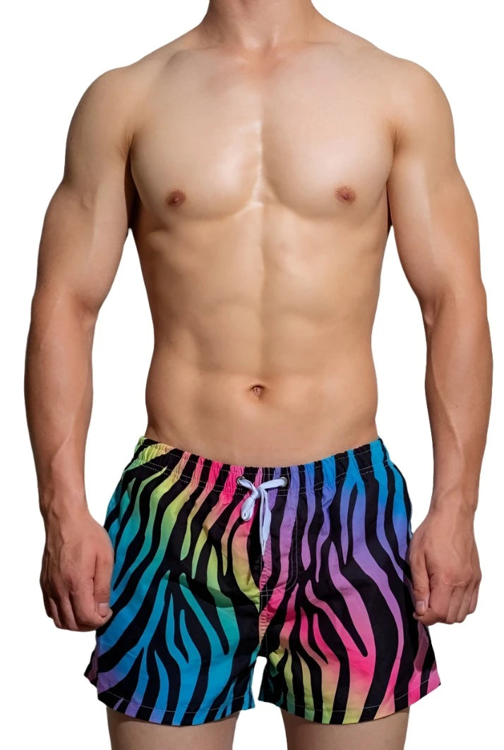 a hot gay man in Rainbow Zebra DM Wild Summer Shorts - pridevoyageshop.com - gay men’s underwear and swimwear
