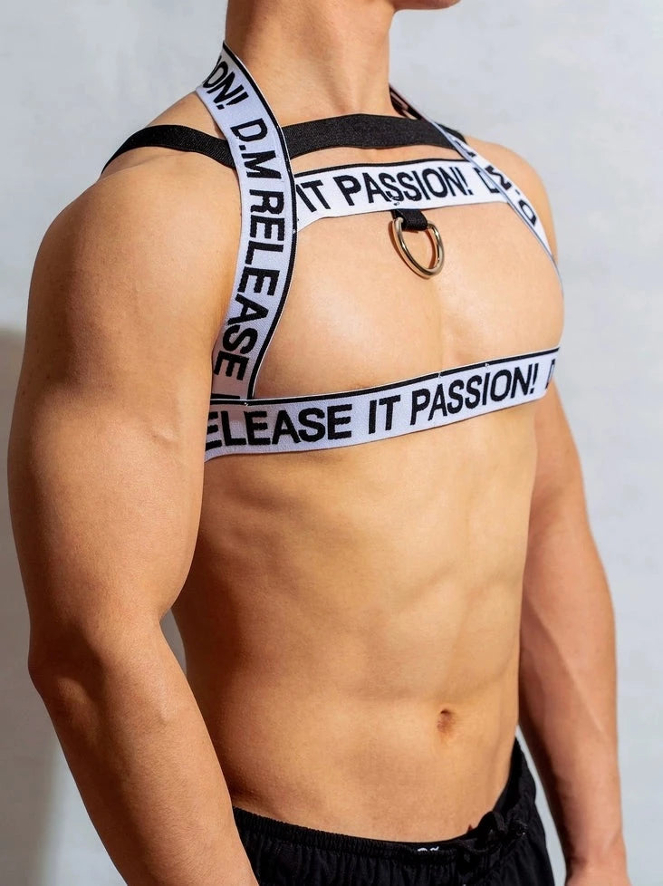 hot gay man in white DM Passion Chest Harness | Gay Harness- pridevoyageshop.com - gay men’s harness, lingerie and fetish wear