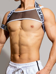 sexy gay man in white DM Men's Release Mesh Chest Harness | Gay Harness- pridevoyageshop.com - gay men’s harness, lingerie and fetish wear