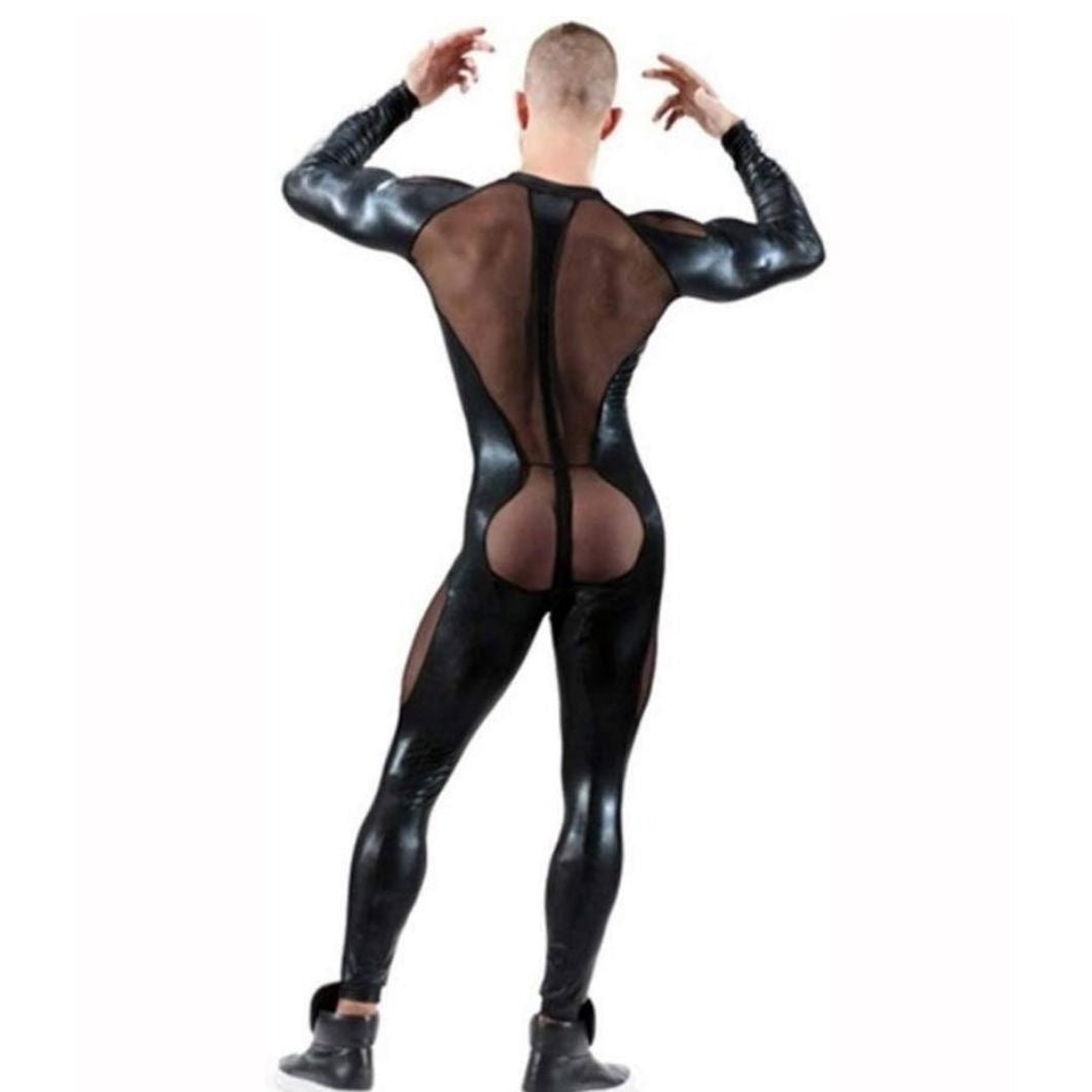sexy gay man in Gay Bodysuit and Singlet | Kinky PVC Leather Mesh Bodysuit - Men's Singlets, Bodysuits, Leotard & Unitard - pridevoyageshop.com