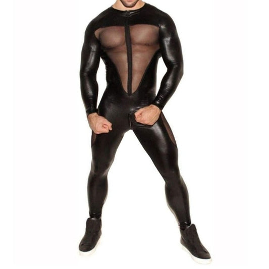 sexy gay man in Gay Bodysuit and Singlet | Kinky PVC Leather Mesh Bodysuit - Men's Singlets, Bodysuits, Leotard & Unitard - pridevoyageshop.com