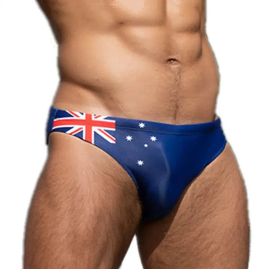 a hot gay man in Australia National Flags Skinny Swim Briefs - pridevoyageshop.com - gay men’s underwear and swimwear