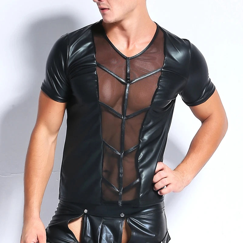 Praetorian Mesh and Faux Leather Tee in black worn by a muscular gay man posing to show the sheer mesh chest panels and faux-leather structure pridevoyageshopcom gay mens club tops fashion tops mesh tops