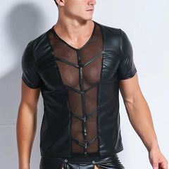Praetorian Mesh and Faux Leather Tee in black worn by a muscular gay man posing to show the sheer mesh chest panels and faux-leather structure pridevoyageshopcom gay mens club tops fashion tops mesh tops