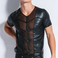 Praetorian Mesh and Faux Leather Tee in black worn by a muscular gay man posing to show the sheer mesh chest panels and faux-leather structure pridevoyageshopcom gay mens club tops fashion tops mesh tops