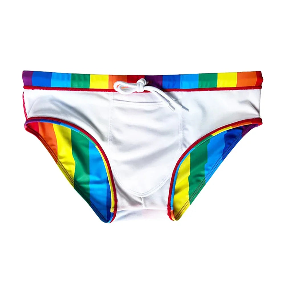 Pride Rainbow Striped Swim Brief – Loud, Proud, and Hung - pridevoyageshop.com - gay men’s sexy swim briefs, trunks, board shorts, and bikinis