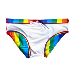 Pride Rainbow Striped Swim Brief – Loud, Proud, and Hung - pridevoyageshop.com - gay men’s sexy swim briefs, trunks, board shorts, and bikinis