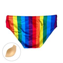 Pride Rainbow Striped Swim Brief with cap – Loud, Proud, and Hung - pridevoyageshop.com - gay men’s sexy swim briefs, trunks, board shorts, and bikinis