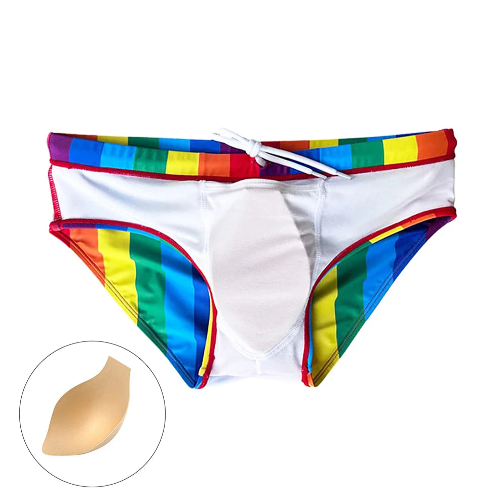 Pride Rainbow Striped Swim Brief with cap – Loud, Proud, and Hung - pridevoyageshop.com - gay men’s sexy swim briefs, trunks, board shorts, and bikinis