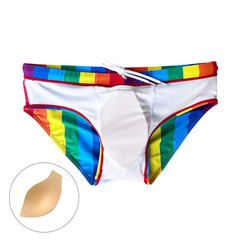 Pride Rainbow Striped Swim Brief with cap – Loud, Proud, and Hung - pridevoyageshop.com - gay men’s sexy swim briefs, trunks, board shorts, and bikinis