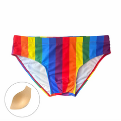Pride Rainbow Striped Swim Brief with cap – Loud, Proud, and Hung - pridevoyageshop.com - gay men’s sexy swim briefs, trunks, board shorts, and bikinis