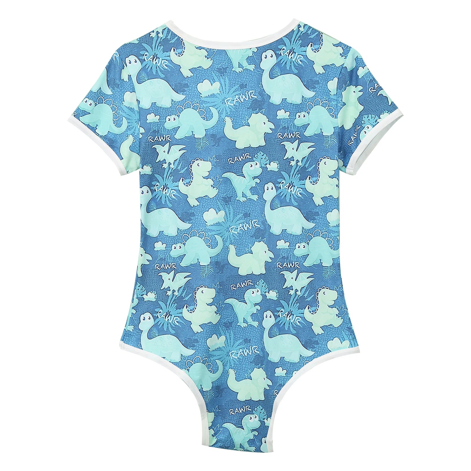 Rawr Baby Blue Daddy’s Boy Printed Onesie flat lay, pastel cartoon pattern, cute youthful style, snug soft fabric – pridevoyageshop.com – gay men’s harness, lingerie and fetish wear
