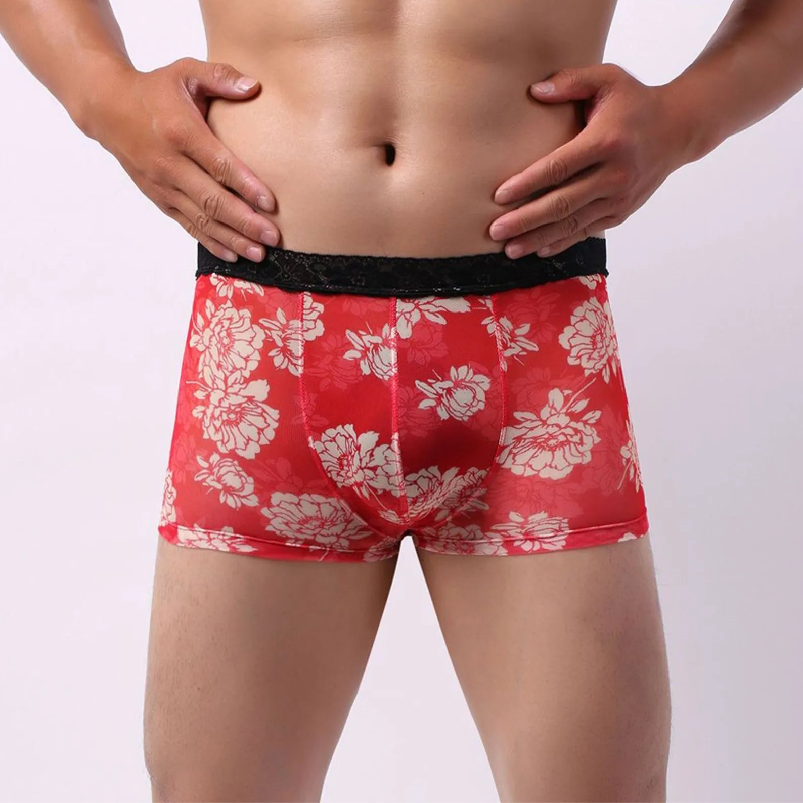 Red Men’s Kinked Up Floral Lace Boxers - pridevoyageshop.com - gay men’s thongs, boxers, briefs and jockstraps