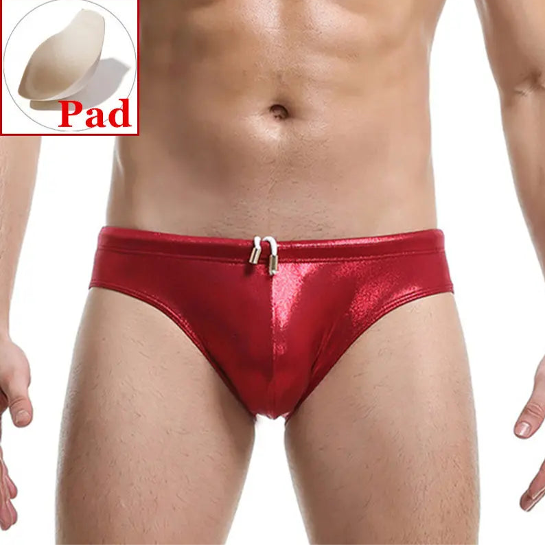 Red Men’s Slay the Shine Shiny Swim Briefs with pad - pridevoyageshop.com - gay men’s sexy swim briefs, trunks, board shorts, and bikinis