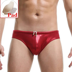 Red Men’s Slay the Shine Shiny Swim Briefs with pad - pridevoyageshop.com - gay men’s sexy swim briefs, trunks, board shorts, and bikinis