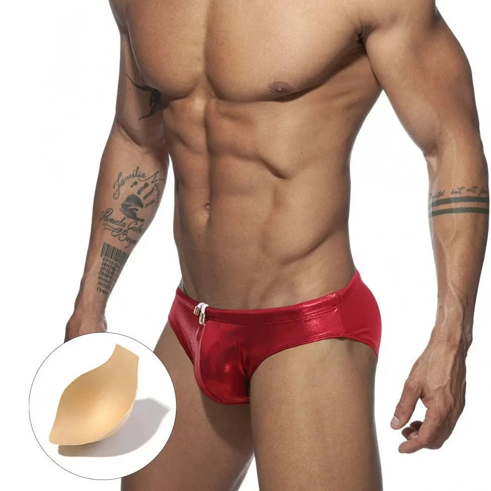 a hot gay man in red Glide Metallic Swim Briefs - pridevoyageshop.com - gay men’s underwear and swimwear