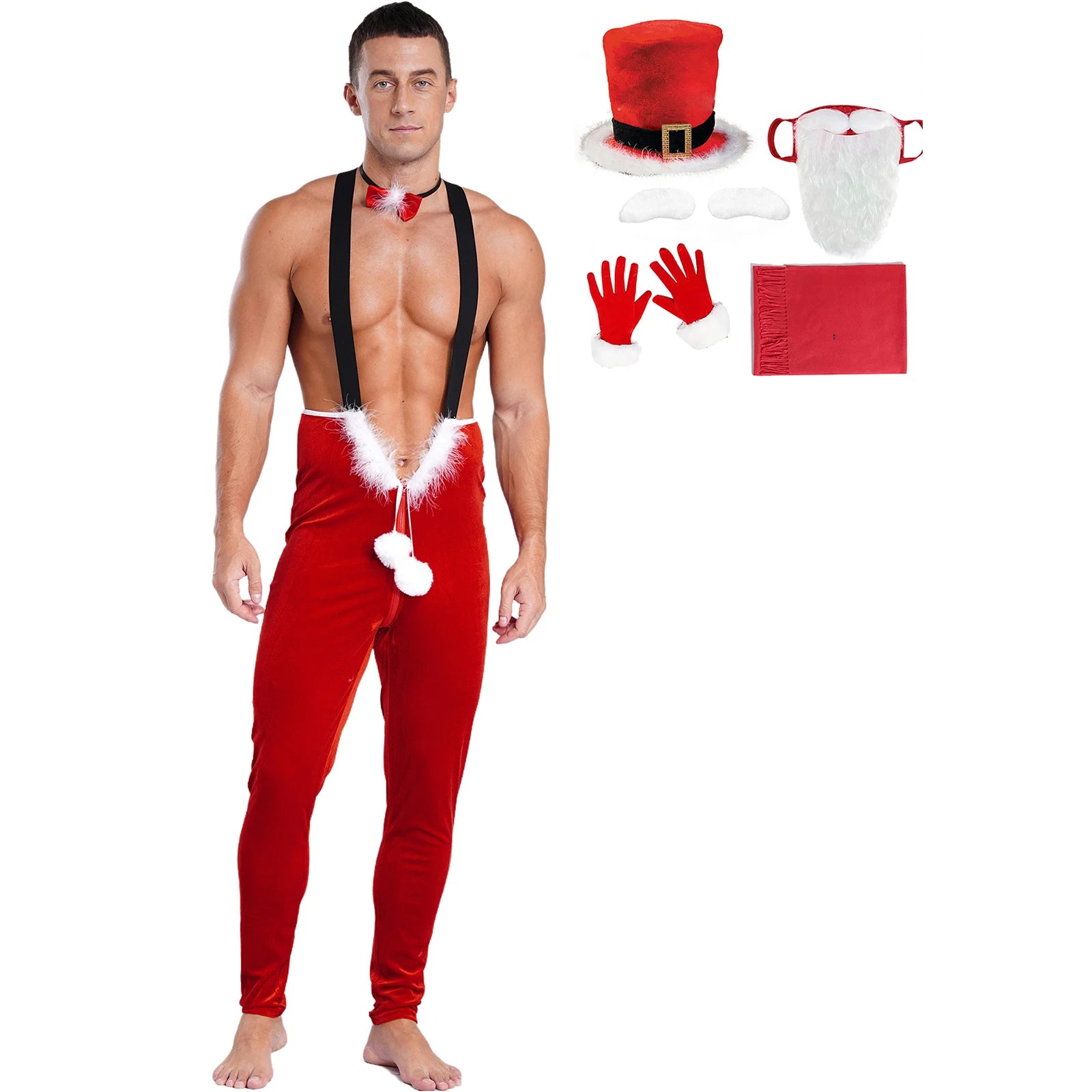 a sexy man in Santa’s Naughty Helper Jumpsuit Costume - pridevoyageshop.com - gay costumes, men role play outfits, gay party costumes and gay rave outfits