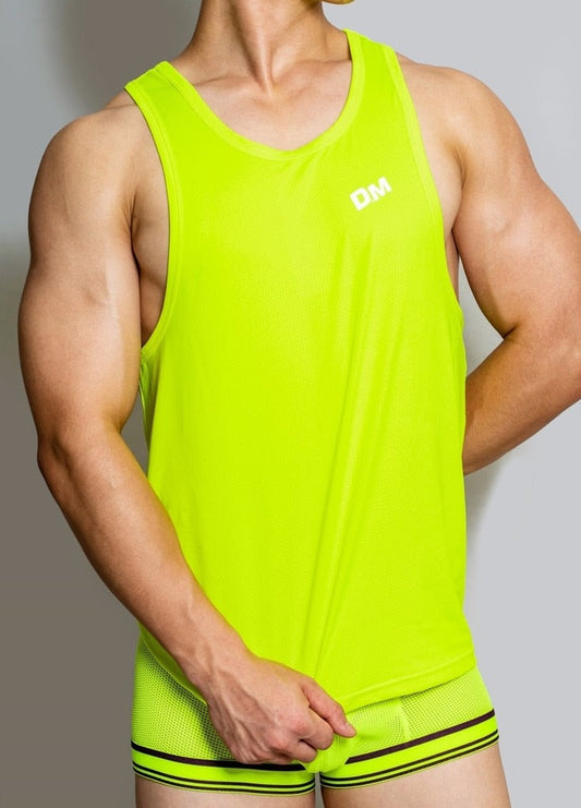 sexy gay man in Neon Green Gay Tops | DM Men's Mesh Muscle Tank Top - pridevoyageshop.com - gay men’s gym tank tops, mesh tank tops and activewear