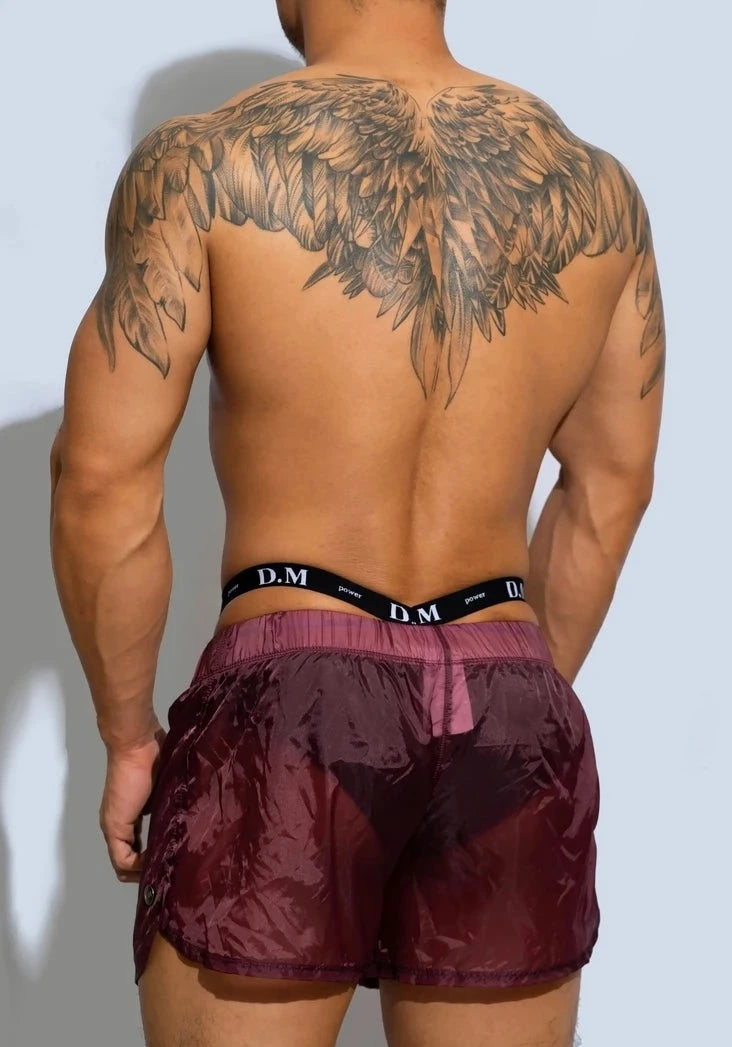 a hot gay man in Burgundy Men's See-Thru Strap Shorts - Men's Activewear, gym short, sport shorts, running shorts- pridevoyageshop.com