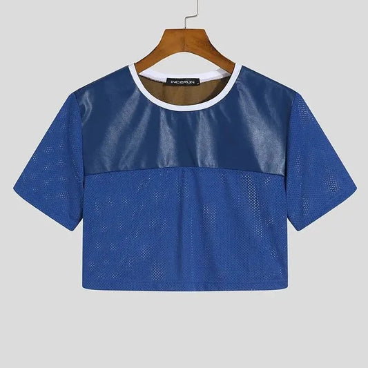 blue Gay Fashion PU Leather Mesh Crop Tops | Gay Crop Tops & Clubwear - pridevoyageshop.com - gay crop tops, gay casual clothes and gay clothes store