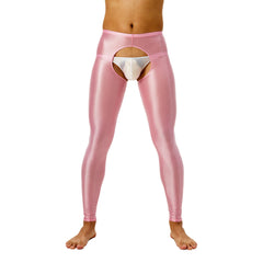 Tap Here Wet-Look Crotchless Leggings for Gay Men